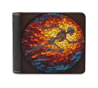 Jubonexis Stained Glass Skeletal Figure Running Soft PU Leather Bifold Wallet, Coin Purse Credit Pass Case, Durable Card-Holder Slim Billfold for Men Woman Money Storage