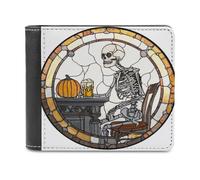 Jubonexis Stained Glass Skeleton Table Pumpkin Beer Soft PU Leather Bifold Wallet, Coin Purse Credit Pass Case, Durable Card-Holder Slim Billfold for Men Woman Money Storage