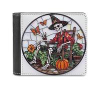 Jubonexis Stained Glass Skeleton Wearing Black Hat Soft PU Leather Bifold Wallet, Coin Purse Credit Pass Case, Durable Card-Holder Slim Billfold for Men Woman Money Storage