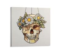 Jubonexis Stained Glass Skull White Daisies Crown Canvas Wall Art Poster Painting Aesthetic Picture for Living Room Farmhouse Decor Unframed 16x16inch(40x40cm)