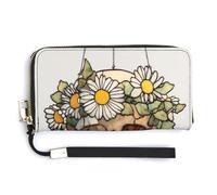 Jubonexis Stained Glass Skull White Daisies Crown PU Leather Clutch Long Bifold Wallet, Coin Purse Credit Pass Case, Durable Card-Holder Money Storage for Women Men