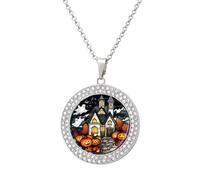 Jubonexis Stained Glass Spooky Haunted House Pumpkins Ghost Round Pendant Necklace Silver Jewelry for Women