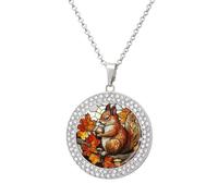 Jubonexis Stained Glass Squirrel Hoarding Food Round Pendant Necklace Silver Jewelry for Women
