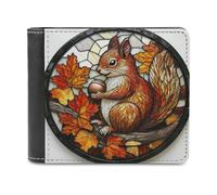 Jubonexis Stained Glass Squirrel Hoarding Food Soft PU Leather Bifold Wallet, Coin Purse Credit Pass Case, Durable Card-Holder Slim Billfold for Men Woman Money Storage