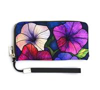 Jubonexis Stained Glass Style Petunia Flowers PU Leather Clutch Long Bifold Wallet, Coin Purse Credit Pass Case, Durable Card-Holder Money Storage for Women Men