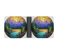 Jubonexis Stained Glass Sun Mountains Green Evergreen Trees Soft PU Leather Bifold Wallet, Coin Purse Credit Pass Case, Durable Card-Holder Slim Billfold for Men Woman Money Storage