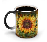 Jubonexis Stained Glass Sunflower Patchwork Quilt Square Color Changing Mugs Heat Changing Ceramic Coffee Mug Novelty Funny Tea Water Cup 11OZ