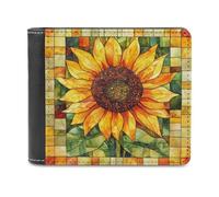 Jubonexis Stained Glass Sunflower Patchwork Quilt Square Soft PU Leather Bifold Wallet, Coin Purse Credit Pass Case, Durable Card-Holder Slim Billfold for Men Woman Money Storage