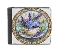 Jubonexis Stained Glass Teacup Tray Flowers Soft PU Leather Bifold Wallet, Coin Purse Credit Pass Case, Durable Card-Holder Slim Billfold for Men Woman Money Storage