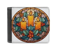 Jubonexis Stained Glass Three Candles Holly Mistletoe Soft PU Leather Bifold Wallet, Coin Purse Credit Pass Case, Durable Card-Holder Slim Billfold for Men Woman Money Storage