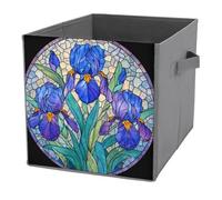 Jubonexis Stained Glass Three Iris Flowers Blue Purple Petals Cube Storage Bins Storage Cubes Foldable Decorative Fabric Storage Baskets Home Organizers with Handles for Shelves,Closet, 27x27 CM