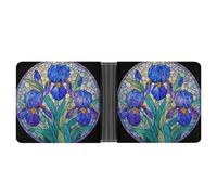 Jubonexis Stained Glass Three Iris Flowers Blue Purple Petals Soft PU Leather Bifold Wallet, Coin Purse Credit Pass Case, Durable Card-Holder Slim Billfold for Men Woman Money Storage