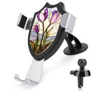 Jubonexis Stained Glass Three Purple Flowers Green Leaves Car Phone Holder Mount Triangle Clip Base Air Vent Cell Phone Car Mount Automotive Accessories for 4-6 Inches Cell Smartphones