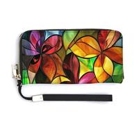 Jubonexis Stained Glass Tropical Flower PU Leather Clutch Long Bifold Wallet, Coin Purse Credit Pass Case, Durable Card-Holder Money Storage for Women Men