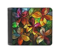 Jubonexis Stained Glass Tropical Flower Soft PU Leather Bifold Wallet, Coin Purse Credit Pass Case, Durable Card-Holder Slim Billfold for Men Woman Money Storage