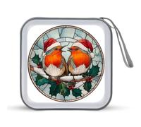 Jubonexis Stained Glass Two Birds Wearing Santa Hats CD Case DVD Storage Case Portable for Car Home Travel