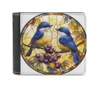 Jubonexis Stained Glass Two Blue Bird with Berries Soft PU Leather Bifold Wallet, Coin Purse Credit Pass Case, Durable Card-Holder Slim Billfold for Men Woman Money Storage