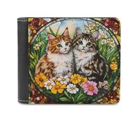 Jubonexis Stained Glass Two Cats Flowers Soft PU Leather Bifold Wallet, Coin Purse Credit Pass Case, Durable Card-Holder Slim Billfold for Men Woman Money Storage
