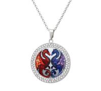 Jubonexis Stained Glass Two Dragons Round Pendant Necklace Silver Jewelry for Women
