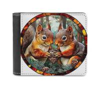 Jubonexis Stained Glass Two Squirrels Holding A Pine Cone Soft PU Leather Bifold Wallet, Coin Purse Credit Pass Case, Durable Card-Holder Slim Billfold for Men Woman Money Storage