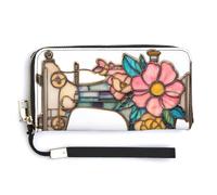 Jubonexis Stained Glass Vintage Sewing Machine PU Leather Clutch Long Bifold Wallet, Coin Purse Credit Pass Case, Durable Card-Holder Money Storage for Women Men
