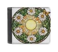 Jubonexis Stained Glass White Daisies Golden Sun Soft PU Leather Bifold Wallet, Coin Purse Credit Pass Case, Durable Card-Holder Slim Billfold for Men Woman Money Storage