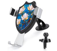 Jubonexis Stained Glass White Flowers on Blue Car Phone Holder Mount Triangle Clip Base Air Vent Cell Phone Car Mount Automotive Accessories for 4-6 Inches Cell Smartphones