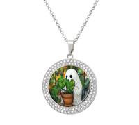 Jubonexis Stained Glass White Ghost Holding Potted Plant Round Pendant Necklace Silver Jewelry for Women