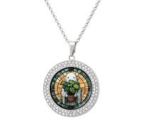 Jubonexis Stained Glass White Ghost Potted Plant Round Pendant Necklace Silver Jewelry for Women