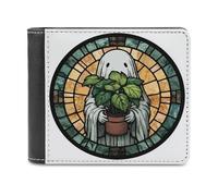 Jubonexis Stained Glass White Ghost Potted Plant Soft PU Leather Bifold Wallet, Coin Purse Credit Pass Case, Durable Card-Holder Slim Billfold for Men Woman Money Storage
