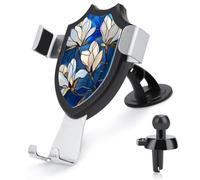 Jubonexis Stained Glass White Magnolia Flowers on Blue Car Phone Holder Mount Triangle Clip Base Air Vent Cell Phone Car Mount Automotive Accessories for 4-6 Inches Cell Smartphones