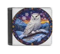 Jubonexis Stained Glass White Owl on Snowy Branch Soft PU Leather Bifold Wallet, Coin Purse Credit Pass Case, Durable Card-Holder Slim Billfold for Men Woman Money Storage