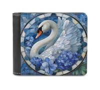 Jubonexis Stained Glass White Swan Blue Flowers Soft PU Leather Bifold Wallet, Coin Purse Credit Pass Case, Durable Card-Holder Slim Billfold for Men Woman Money Storage