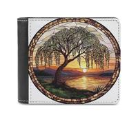 Jubonexis Stained Glass Willow Tree Sunset Soft PU Leather Bifold Wallet, Coin Purse Credit Pass Case, Durable Card-Holder Slim Billfold for Men Woman Money Storage