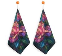 Jubonexis Stained Glass Window Red Rose Small Hand Towel with Hanging Loop 2 PCS Absorbent Soft Wash Cloth for Kitchen Bathroom