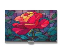 Jubonexis Stained Glass Window Red Rose Vivid Colors Business Card Holder, Pocket Slim Metal Business Card Case for Women Men