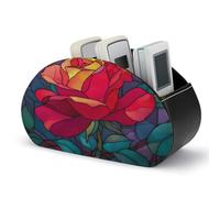 Jubonexis Stained Glass Window Red Rose Vivid Colors Remotes Control Holder with 5 Compartments Leather TV Remote Caddy Storage Box Desktop Organizer