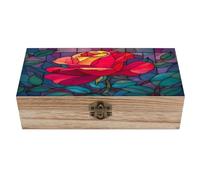 Jubonexis Stained Glass Window Red Rose Vivid Colors Wooden Storage Box with Hinged Lid And Front Clasp Large Keepsake Box
