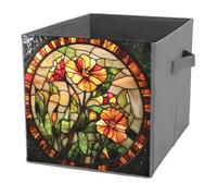 Jubonexis Stained Glass Yellow Flowers Floral Cube Storage Bins Storage Cubes Foldable Decorative Fabric Storage Baskets Home Organizers with Handles for Shelves,Closet, 27x27 CM