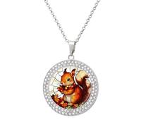 Jubonexis Stained Glasses Squirrel Autumn Leaves Round Pendant Necklace Silver Jewelry for Women