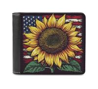 Jubonexis Sunflower with an American Flag Soft PU Leather Bifold Wallet, Coin Purse Credit Pass Case, Durable Card-Holder Slim Billfold for Men Woman Money Storage