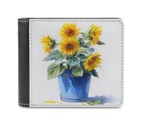 Jubonexis Sunflowers in an Iron Bucket Soft PU Leather Bifold Wallet, Coin Purse Credit Pass Case, Durable Card-Holder Slim Billfold for Men Woman Money Storage
