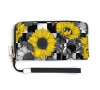 Jubonexis Sunflowers Pandas on Black White Checkered PU Leather Clutch Long Bifold Wallet, Coin Purse Credit Pass Case, Durable Card-Holder Money Storage for Women Men