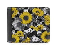 Jubonexis Sunflowers Pandas on Black White Checkered Soft PU Leather Bifold Wallet, Coin Purse Credit Pass Case, Durable Card-Holder Slim Billfold for Men Woman Money Storage