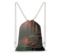 Jubonexis Sunset White Swan in The Water Drooping Willow Drawstring Backpack Canvas String Bag Lightweight Sports Gym Bag for Men Women