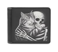 Jubonexis Tabby Cat Embracing A Skeleton Soft PU Leather Bifold Wallet, Coin Purse Credit Pass Case, Durable Card-Holder Slim Billfold for Men Woman Money Storage