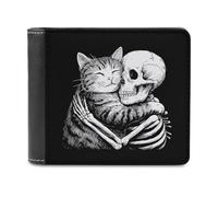 Jubonexis Tabby Cat Embracing Little Skeleton Soft PU Leather Bifold Wallet, Coin Purse Credit Pass Case, Durable Card-Holder Slim Billfold for Men Woman Money Storage