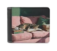 Jubonexis Tabby Cat Lying on The Couch Soft PU Leather Bifold Wallet, Coin Purse Credit Pass Case, Durable Card-Holder Slim Billfold for Men Woman Money Storage