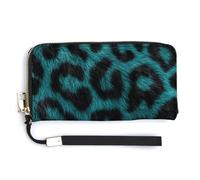 Jubonexis Teal and Black Leopard Print PU Leather Clutch Long Bifold Wallet, Coin Purse Credit Pass Case, Durable Card-Holder Money Storage for Women Men
