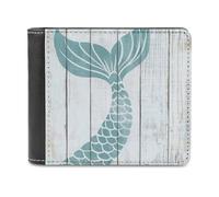Jubonexis Teal White Mermaid Tail on Wood Soft PU Leather Bifold Wallet, Coin Purse Credit Pass Case, Durable Card-Holder Slim Billfold for Men Woman Money Storage